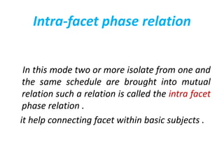 Intra-facet phase relation
In this mode two or more isolate from one and
the same schedule are brought into mutual
relation such a relation is called the intra facet
phase relation .
it help connecting facet within basic subjects .
 