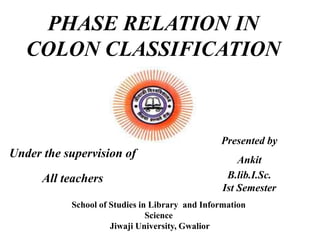 PHASE RELATION IN
COLON CLASSIFICATION
Presented by
Ankit
B.lib.I.Sc.
Ist Semester
Under the supervision of
All teachers
School of Studies in Library and Information
Science
Jiwaji University, Gwalior
 