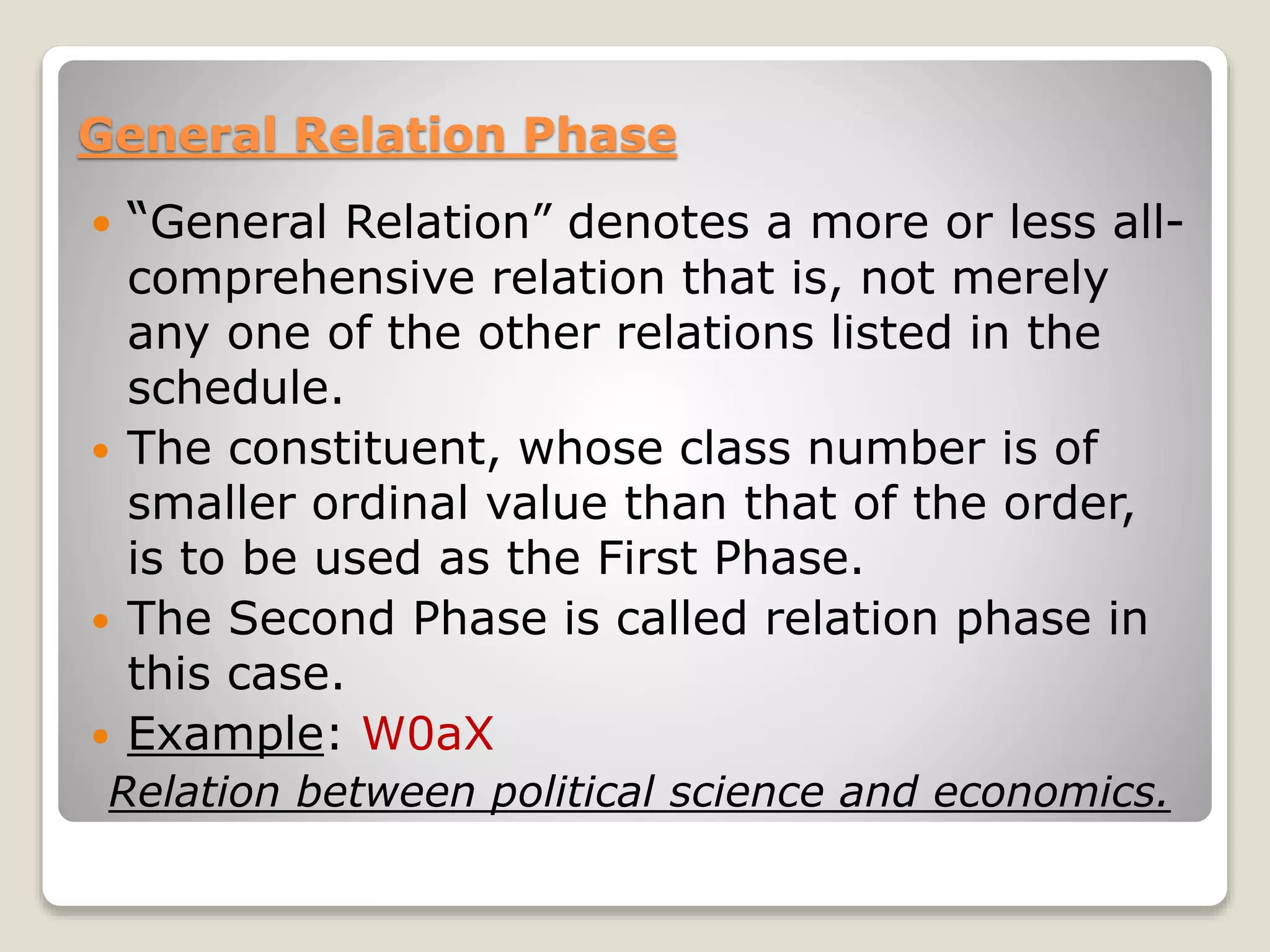 General Relation Phase
 “General Relation” denotes a more or less all-
comprehensive relation that is, not merely
any one of the other relations listed in the
schedule.
 The constituent, whose class number is of
smaller ordinal value than that of the order,
is to be used as the First Phase.
 The Second Phase is called relation phase in
this case.
 Example: W0aX
Relation between political science and economics.
 