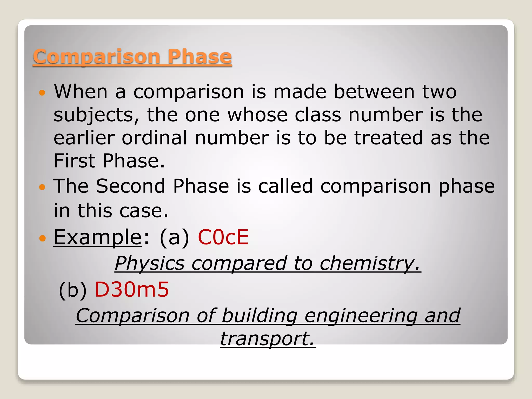 Comparison Phase
 When a comparison is made between two
subjects, the one whose class number is the
earlier ordinal number is to be treated as the
First Phase.
 The Second Phase is called comparison phase
in this case.
 Example: (a) C0cE
Physics compared to chemistry.
(b) D30m5
Comparison of building engineering and
transport.
 