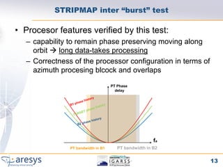 STRIPMAP inter “burst” test

• Procesor features verified by this test:
   – capability to remain phase preserving moving along
     orbit  long data-takes processing
   – Correctness of the processor configuration in terms of
     azimuth procesing blcock and overlaps
                                     PT Phase
                                       delay




                                                        fa
                PT bandwidth in B1      PT bandwidth in B2


                                                              13
 