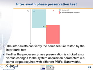 Inter swath phase preservation test
                                        A: Slice/burst 1
                 Rg   A            B
                                        B: Adjacent overlapped burst/slice




                            PT




• The inter-swath can verify the same feature tested by the
  inter-burst test
• Further the processor phase preservation is chcked also
  versus changes to the system acquisition parameters (i.e.
  same target acquired with different PRFs, Bandwidths,
  Chirp…)
                                                                             15
 