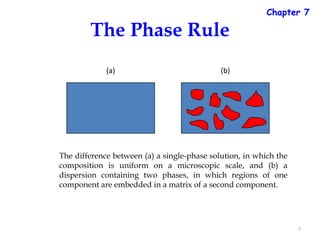 Chapter 7

The Phase Rule
(a)

(b)

The difference between (a) a single-phase solution, in which the
composition is uniform on a microscopic scale, and (b) a
dispersion containing two phases, in which regions of one
component are embedded in a matrix of a second component.

7

 