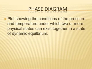 PHASE DIAGRAM
 Plot showing the conditions of the pressure
and temperature under which two or more
physical states can exist together in a state
of dynamic equilbrium.
 