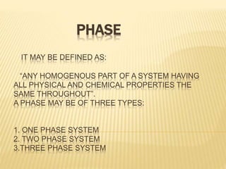PHASE
IT MAY BE DEFINED AS:
“ANY HOMOGENOUS PART OF A SYSTEM HAVING
ALL PHYSICAL AND CHEMICAL PROPERTIES THE
SAME THROUGHOUT”.
A PHASE MAY BE OF THREE TYPES:
1. ONE PHASE SYSTEM
2. TWO PHASE SYSTEM
3.THREE PHASE SYSTEM
 