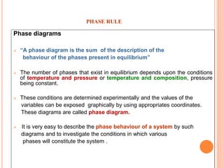 Phase diagrams
 “A phase diagram is the sum of the description of the
behaviour of the phases present in equilibrium”
 The number of phases that exist in equilibrium depends upon the conditions
of temperature and pressure or temperature and composition, pressure
being constant.
 These conditions are determined experimentally and the values of the
variables can be exposed graphically by using appropriates coordinates.
These diagrams are called phase diagram.
 It is very easy to describe the phase behaviour of a system by such
diagrams and to investigate the conditions in which various
phases will constitute the system .
PHASE RULE
 
