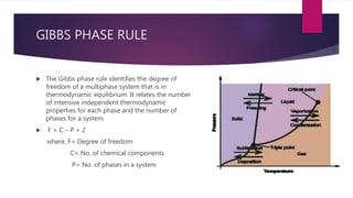 GIBBS PHASE RULE
 The Gibbs phase rule identifies the degree of
freedom of a multiphase system that is in
thermodynamic equilibrium. It relates the number
of intensive independent thermodynamic
properties for each phase and the number of
phases for a system.
 F = C – P + 2
where, F= Degree of freedom
C= No. of chemical components
P= No. of phases in a system
 