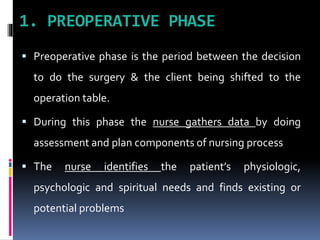 1. PREOPERATIVE PHASE
 Preoperative phase is the period between the decision
to do the surgery & the client being shifted to the
operation table.
 During this phase the nurse gathers data by doing
assessment and plan components of nursing process
 The nurse identifies the patient’s physiologic,
psychologic and spiritual needs and finds existing or
potential problems
 