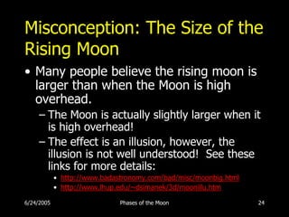 Misconception: The Size of the
Rising Moon
• Many people believe the rising moon is
  larger than when the Moon is high
  overhead.
     – The Moon is actually slightly larger when it
       is high overhead!
     – The effect is an illusion, however, the
       illusion is not well understood! See these
       links for more details:
            • http://www.badastronomy.com/bad/misc/moonbig.html
            • http://www.lhup.edu/~dsimanek/3d/moonillu.htm

6/24/2005                     Phases of the Moon                  24
 