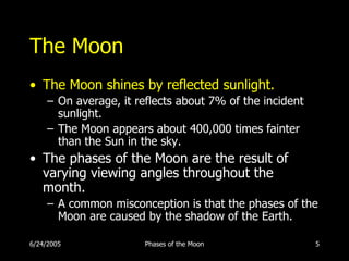 The Moon
• The Moon shines by reflected sunlight.
     – On average, it reflects about 7% of the incident
       sunlight.
     – The Moon appears about 400,000 times fainter
       than the Sun in the sky.
• The phases of the Moon are the result of
  varying viewing angles throughout the
  month.
     – A common misconception is that the phases of the
       Moon are caused by the shadow of the Earth.

6/24/2005               Phases of the Moon                5
 