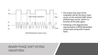 BINARYPHASESHIFTKEYING
WAVEFORM
• The output sine wave of the
modulator will be the direct input
carrier or the inverted (180° phase
shifted) input carrier, which is a
function of the data signal.
• Following is the diagrammatic
representation of BPSK Modulated
output wave along with its given
input.
 