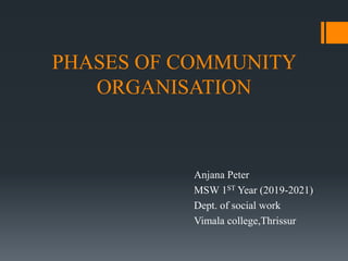 PHASES OF COMMUNITY
ORGANISATION
Anjana Peter
MSW 1ST Year (2019-2021)
Dept. of social work
Vimala college,Thrissur
 