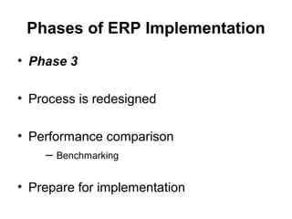 Phases of ERP Implementation
• Phase 3
• Process is redesigned
• Performance comparison
– Benchmarking
• Prepare for implementation

 
