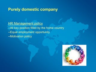 Purely domestic company
HR Management policy
--All key position filled by the home country
--Equal employment opportunity
--Motivation policy
 