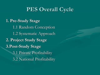PES Overall Cycle
1. Pre-Study Stage
1.1 Random Conception
1.2 Systematic Approach
2. Project Study Stage
3.Post-Study Stage
3.1 Private Profitability
3.2 National Profitability
 
