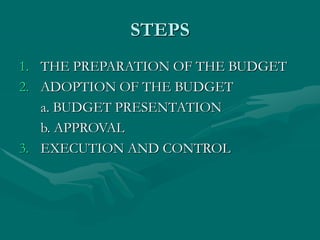 STEPS
1. THE PREPARATION OF THE BUDGET
2. ADOPTION OF THE BUDGET
a. BUDGET PRESENTATION
b. APPROVAL
3. EXECUTION AND CONTROL
 