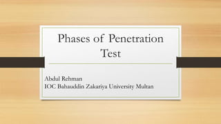 Phases of Penetration
Test
Abdul Rehman
IOC Bahauddin Zakariya University Multan
 