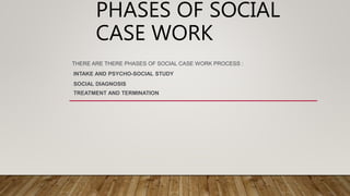 PHASES OF SOCIAL
CASE WORK
THERE ARE THERE PHASES OF SOCIAL CASE WORK PROCESS :
INTAKE AND PSYCHO-SOCIAL STUDY
SOCIAL DIAGNOSIS
TREATMENT AND TERMINATION
 