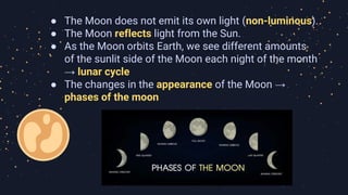 ● The Moon does not emit its own light (non-luminous).
● The Moon reflects light from the Sun.
● As the Moon orbits Earth, we see different amounts
of the sunlit side of the Moon each night of the month
→ lunar cycle
● The changes in the appearance of the Moon →
phases of the moon
 