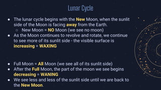Lunar Cycle
● The lunar cycle begins with the New Moon, when the sunlit
side of the Moon is facing away from the Earth.
○ New Moon = NO Moon (we see no moon)
● As the Moon continues to revolve and rotate, we continue
to see more of its sunlit side - the visible surface is
increasing = WAXING
● Full Moon = All Moon (we see all of its sunlit side)
● After the Full Moon, the part of the moon we see begins
decreasing = WANING
● We see less and less of the sunlit side until we are back to
the New Moon.
 