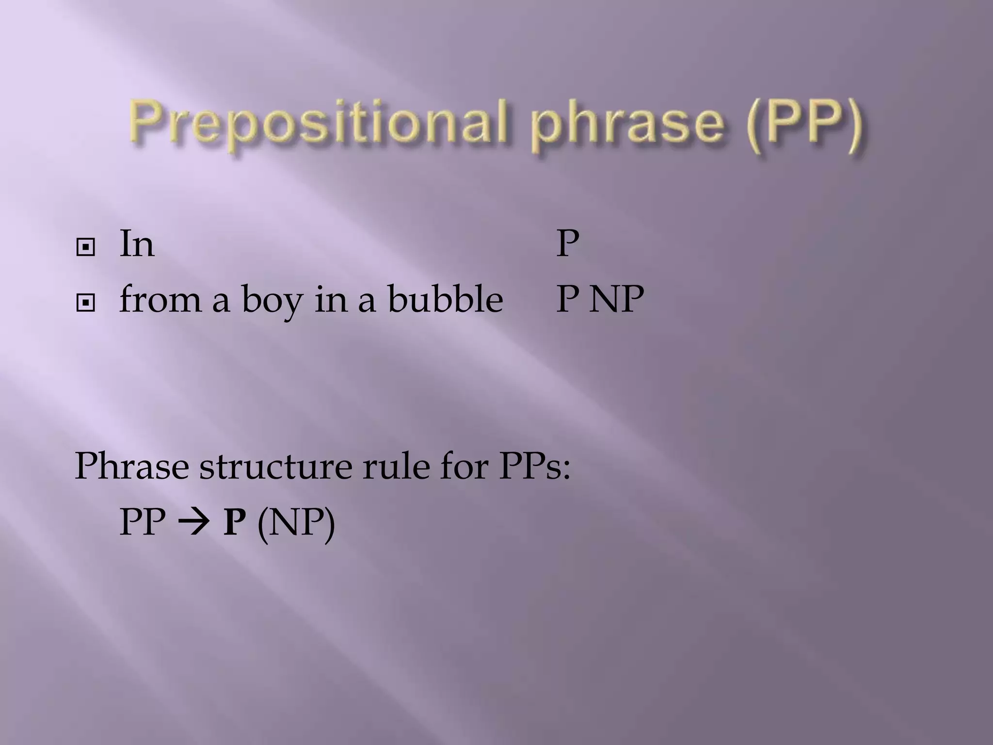  In P
 from a boy in a bubble P NP
Phrase structure rule for PPs:
PP  P (NP)
 
