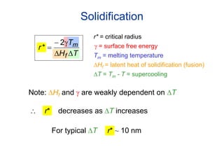Solidification
TH
T
r
f
m

g

2
*
Note: Hf and g are weakly dependent on T
 r* decreases as T increases
For typical T r* ~ 10 nm
Hf = latent heat of solidification (fusion)
Tm = melting temperature
g = surface free energy
T = Tm - T = supercooling
r* = critical radius
 