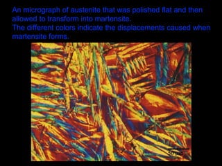 An micrograph of austenite that was polished flat and then
allowed to transform into martensite.
The different colors indicate the displacements caused when
martensite forms.
 