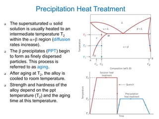  The supersaturated a solid
solution is usually heated to an
intermediate temperature T2
within the ab region (diffusion
rates increase).
 The b precipitates (PPT) begin
to form as finely dispersed
particles. This process is
referred to as aging.
 After aging at T2, the alloy is
cooled to room temperature.
 Strength and hardness of the
alloy depend on the ppt
temperature (T2) and the aging
time at this temperature.
Precipitation Heat Treatment
 