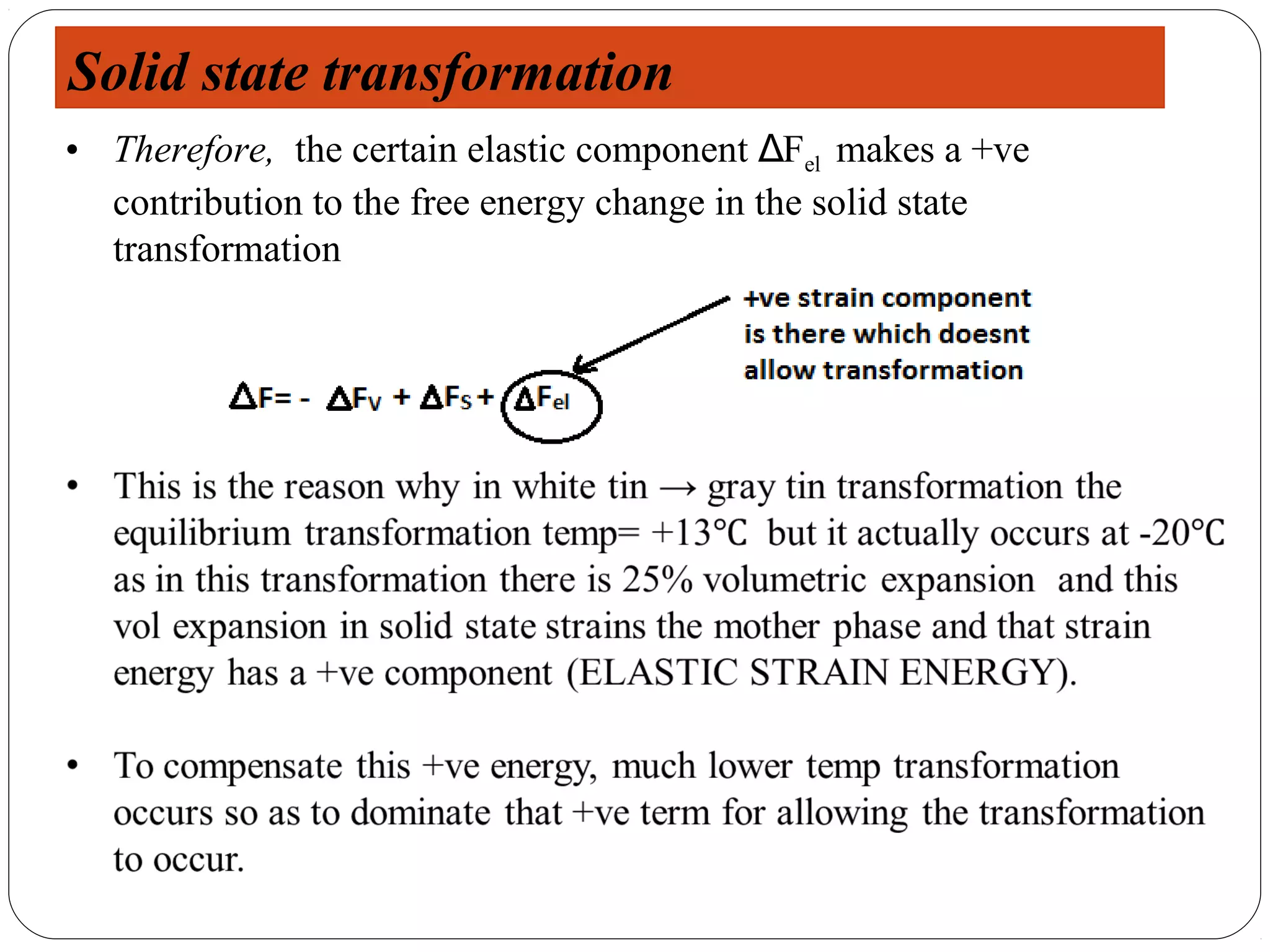 Solid state transformation
• Therefore, the certain elastic component ΔFel makes a +ve
  contribution to the free energy change in the solid state
  transformation
 