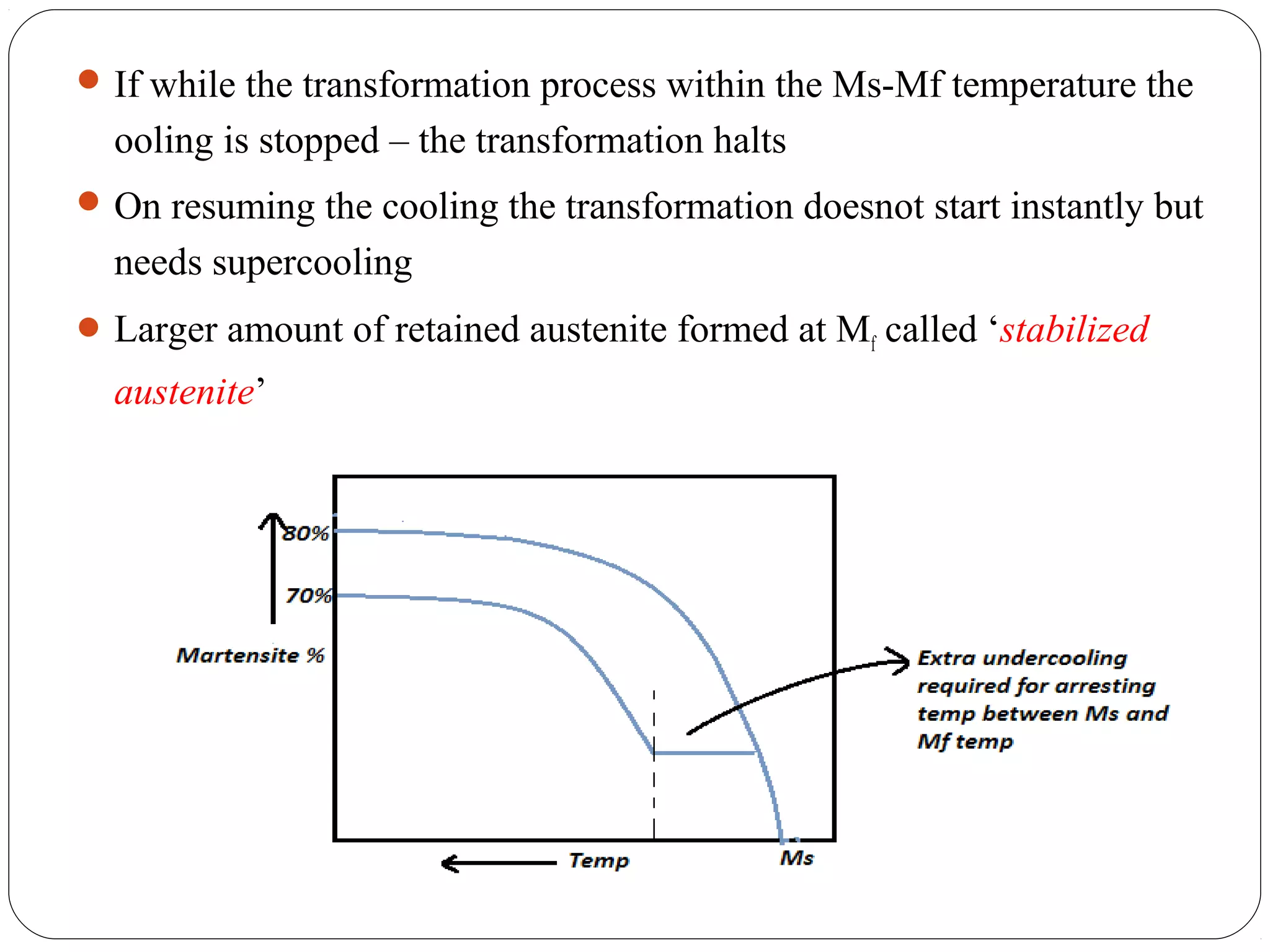  If while the transformation process within the Ms-Mf temperature the
  ooling is stopped – the transformation halts
 On resuming the cooling the transformation doesnot start instantly but
  needs supercooling
 Larger amount of retained austenite formed at Mf called ‘stabilized
  austenite’
 