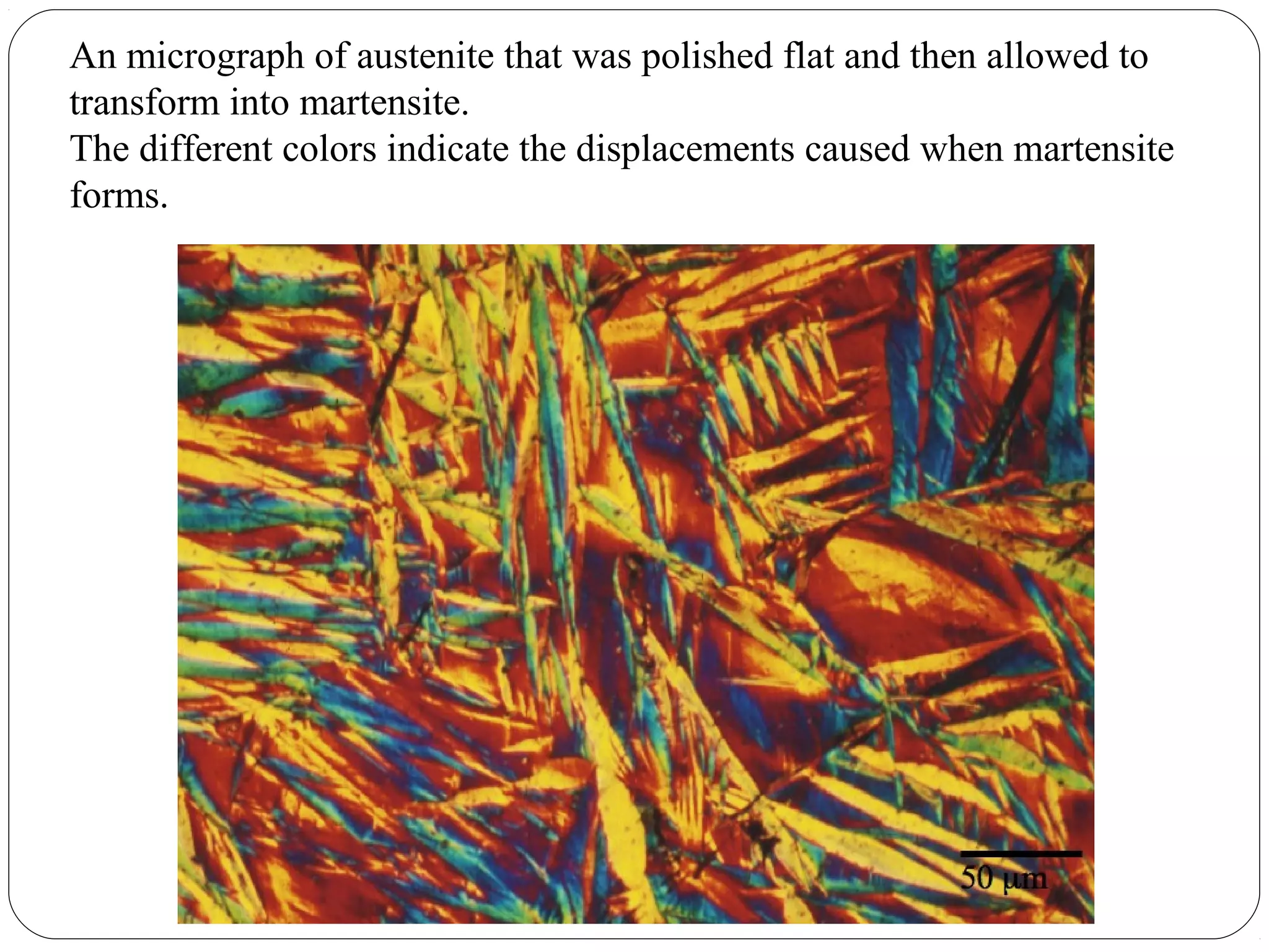 An micrograph of austenite that was polished flat and then allowed to
transform into martensite.
The different colors indicate the displacements caused when martensite
forms.
 