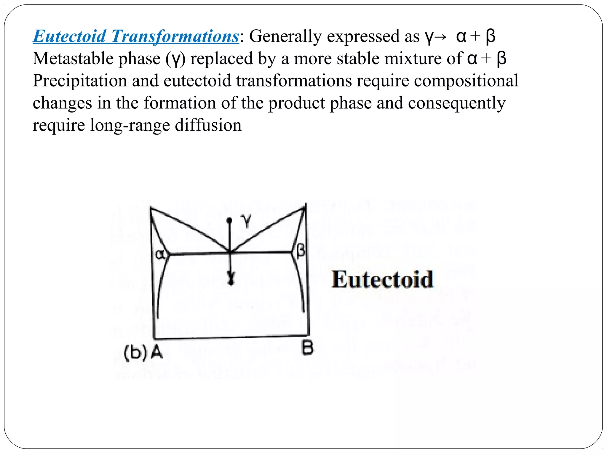 Eutectoid Transformations: Generally expressed as γ→ α + β
Metastable phase (γ) replaced by a more stable mixture of α + β
Precipitation and eutectoid transformations require compositional
changes in the formation of the product phase and consequently
require long-range diffusion
 