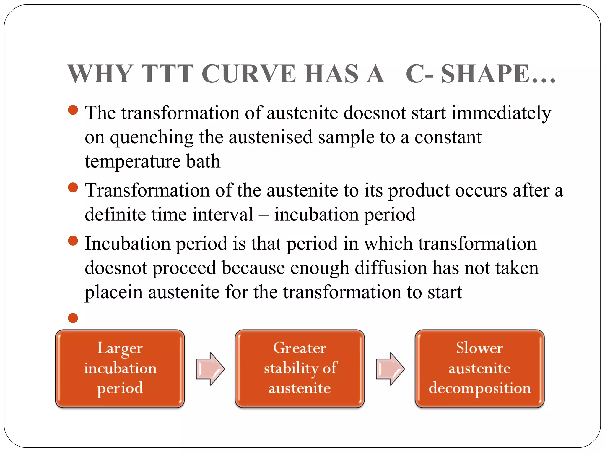 WHY TTT CURVE HAS A C- SHAPE…
 The transformation of austenite doesnot start immediately
  on quenching the austenised sample to a constant
  temperature bath
 Transformation of the austenite to its product occurs after a
  definite time interval – incubation period
 Incubation period is that period in which transformation
  doesnot proceed because enough diffusion has not taken
  placein austenite for the transformation to start

 