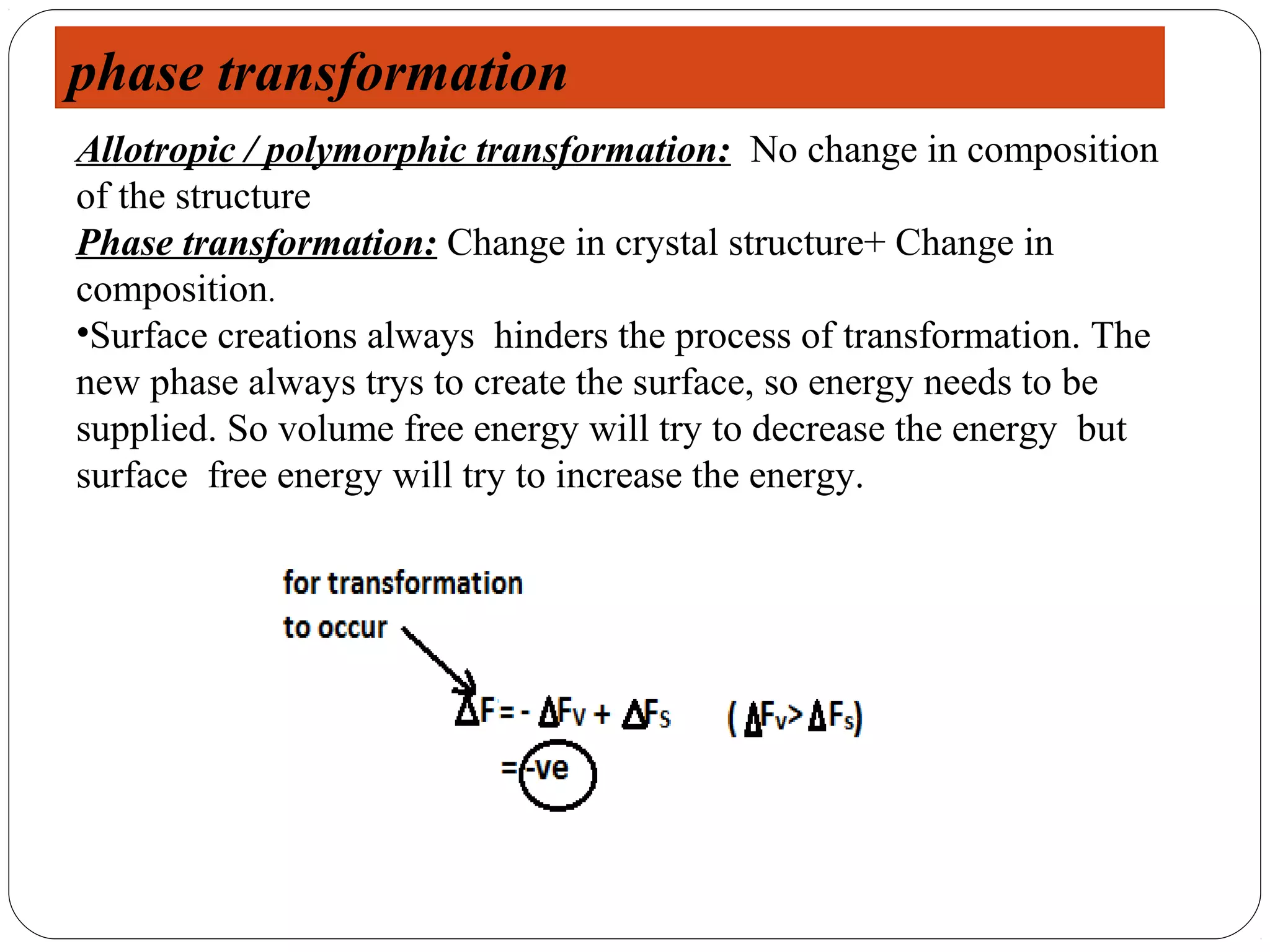 phase transformation
Allotropic / polymorphic transformation: No change in composition
of the structure
Phase transformation: Change in crystal structure+ Change in
composition.
•Surface creations always hinders the process of transformation. The
new phase always trys to create the surface, so energy needs to be
supplied. So volume free energy will try to decrease the energy but
surface free energy will try to increase the energy.
 