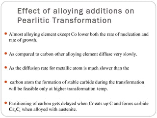 Effect of alloying additions on
      Pearlitic Transformation
 Almost alloying element except Co lower both the rate of nucleation and
  rate of growth.

 As compared to carbon other alloying element diffuse very slowly.


 As the diffusion rate for metallic atom is much slower than the


 carbon atom the formation of stable carbide during the transformation
  will be feasible only at higher transformation temp.

 Partitioning of carbon gets delayed when Cr eats up C and forms carbide
  Cr23C6 when alloyed with austenite.
 