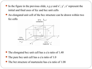  In the figure in the previous slide, x,y,z and x’, y’, z’ represent the
  initial and final axes of fcc and bcc unit cells
 An elongated unit cell of the bcc structure can be drawn within two
  fcc cells




 The elongated bcc unit cell has a c/a ratio of 1.40
 The pure bcc unit cell has a c/a ratio of 1.0
 The bct structure of martensite has c/a ratio of 1.08
 