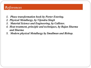 References

1.  Phase transformation book by Porter Estering.
2. Physical Metallurgy, by Vijendra Singh
3.  Material Science and Engineering, by Callister.
4. Heat treatment, principle and techniques, by Rajan Sharma
   and Sharma
5. Modern physical Metallurgy by Smallman and Bishop.
 