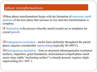 phase transformations
Most phase transformations begin with the formation of numerous small
particles of the new phase that increase in size until the transformation is
complete.
 Nucleation is the process whereby nuclei (seeds) act as templates for
crystal growth.


Homogeneous nucleation - nuclei form uniformly throughout the parent
phase; requires considerable supercooling (typically 80-300°C).
Heterogeneous nucleation - form at structural inhomogeneities (container
surfaces, impurities, grain boundaries, dislocations) in liquid phase much
easier since stable “nucleating surface” is already present; requires slight
supercooling (0.1-10ºC ).
 