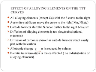 EFFECT OF ALLOYING ELEMENTS ON THE TTT
  CURVES
 All alloying elements (except Co) shift the S curve to the right
 Austenite stabilizers move the curve to the right( Mn, Ni,etc)
 Carbide formers shift the S curve further to the right because:
 Diffusion of alloying elements is too slow(substitutional
  elements)
 Diffusion of carbon is slower as carbide formers donot easily
  part with the carbon
 Allotropic change γ      α is reduced by solutes
 Bainitic transformation is lesser affected ( no redistribution of
  alloying elements)
 