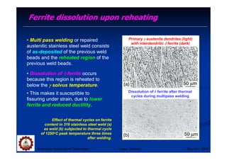 Ferrite dissolution upon reheating
Ferrite dissolution upon reheating
Suranaree University of Technology Sep-Dec 2007
• Multi pass welding or repaired
austenitic stainless steel weld consists
of as-deposited of the previous weld
beads and the reheated region of the
previous weld beads.
• Dissolution of δ
δ
δ
δ ferrite occurs
because this region is reheated to
below the γ
γ
γ
γ solvus temperature.
• This makes it susceptible to
fissuring under strain, due to lower
ferrite and reduced ductility.
Effect of thermal cycles on ferrite
content in 316 stainless steel weld (a)
as weld (b) subjected to thermal cycle
of 1250oC peak temperature three times
after welding.
Primary γ
γ
γ
γ austenite dendrites (light)
with interdendritic δ
δ
δ
δ ferrite (dark)
Dissolution of δ
δ
δ
δ ferrite after thermal
cycles during multipass welding
Tapany Udomphol
 