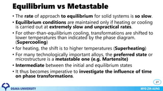 Equilibrium vs Metastable
• The rate of approach to equilibrium for solid systems is so slow.
• Equilibrium conditions are maintained only if heating or cooling
is carried out at extremely slow and unpractical rates.
• For other-than-equilibrium cooling, transformations are shifted to
lower temperatures than indicated by the phase diagram.
(Supercooling)
• for heating, the shift is to higher temperatures (Superheating)
• For many technologically important alloys, the preferred state or
microstructure is a metastable one (e.g. Martensite)
• Intermediate between the initial and equilibrium states
• It thus becomes imperative to investigate the influence of time
on phase transformations.
27
 
