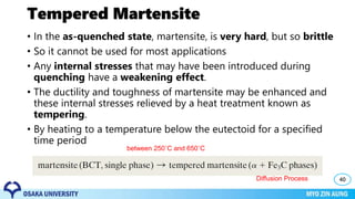 Tempered Martensite
• In the as-quenched state, martensite, is very hard, but so brittle
• So it cannot be used for most applications
• Any internal stresses that may have been introduced during
quenching have a weakening effect.
• The ductility and toughness of martensite may be enhanced and
these internal stresses relieved by a heat treatment known as
tempering.
• By heating to a temperature below the eutectoid for a specified
time period
40
between 250˚C and 650˚C
Diffusion Process
 