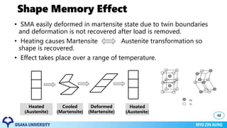 Shape Memory Effect
48
• SMA easily deformed in martensite state due to twin boundaries
and deformation is not recovered after load is removed.
• Heating causes Martensite Austenite transformation so
shape is recovered.
• Effect takes place over a range of temperature.
Heated
(Austenite)
Cooled
(Martensite)
Deformed
(Martensite)
Heated
(Austenite)
Ni
Ti
 
