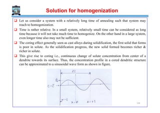 Solution for homogenization
Let us consider a system with a relatively long time of annealing such that system may
reach to homogenization.
Time is rather relative. In a small system, relatively small time can be considered as long
time because it will not take much time to homogenize. On the other hand in a large system,
even longer time also may not be sufficient.
The coring effect generally seen as cast alloys during solidification, the first solid that forms
is poor in solute. As the solidification progress, the new solid formed becomes richer &
richer in solute.
This give rise to coring i.e., continuous change of solute concentration from center of aThis give rise to coring i.e., continuous change of solute concentration from center of a
dendrite towards its surface. Thus, the concentration profile in a cored dendritic structure
can be approximated to a sinusoidal wave form as shown in figure.
134
 