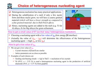 Choice of heterogeneous nucleating agent
Heterogeneous nucleation has many practical applications.
During the solidification of a melt if only a few nuclei
form and these nuclei grow, we will have a coarse grained
material (which will have a lower strength as compared to
a fine grained material- due to Hall-Petch effect).
Hence, nucleating agents are added to the melt (e.g. Ti for
Al alloys, Zr for Mg alloys) for grain refinement.
γαβ
γαδ
αααα
ββββ
δδδδ
γβδ
θθθθ
αβ
βδαδ
γ
γγ
θ
−
=Cos
γαβ
γαδ
αααα
ββββ
δδδδ
γβδ
θθθθ
αβ
βδαδ
γ
γγ
θ
−
=Cos
How to get a small value of θ? (so that ‘easy’ heterogeneous nucleation).
Choosing a nucleating agent with a low value of γ (low energy βδ interface)
198
Choosing a nucleating agent with a low value of γβδ (low energy βδ interface)
(Actually the value of (γαδ − γβδ) will determine the effectiveness of the heterogeneous
nucleating agent → high γαδ or low γβδ)
How to get a low value of γβδ
We can get a low value of γβδ
o Crystal structure of β and δ are similar
o lattice parameters are as close as possible
Examples of such choices are
Seeding rain-bearing clouds → AgI or NaCl → nucleation of ice crystals
Ni (FCC, a = 3.52 Å) is used a heterogeneous nucleating agent in the production of artificial
diamonds (FCC, a = 3.57 Å) from graphite
 