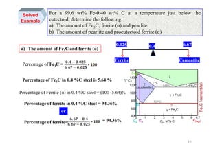 For a 99.6 wt% Fe-0.40 wt% C at a temperature just below the
eutectoid, determine the following:
a) The amount of Fe3C, ferrite (α) and pearlite
b) The amount of pearlite and proeutectoid ferrite (α)
Solved
Example
CementiteFerrite
0.025 6.670.4
a) The amount of Fe3C and ferrite (α)
Percentage of Fe3C =
Percentage of Fe C in 0.4 %C steel is 5.64 %Percentage of Fe3C in 0.4 %C steel is 5.64 %
Percentage of Ferrite (α) in 0.4 %C steel = (100- 5.64)%
Percentage of ferrite in 0.4 %C steel = 94.36%
or
Percentage of ferrite= = 94.36%
241
 