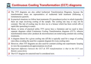 Continuous Cooling Transformation (CCT) diagrams
The TTT diagrams are also called Isothermal Transformation Diagrams, because the
transformation times are representative of isothermal hold treatment (following a
instantaneous quench).
In practical situations we follow heat treatments (T-t procedures/cycles) in which (typically)
there are steps involving cooling of the sample. The cooling rate may or may not be
constant. The rate of cooling may be slow (as in a furnace which has been switch off) or
rapid (like quenching in water).
Hence, in terms of practical utility TTT curves have a limitation and we need to draw
separate diagrams called Continuous Cooling Transformation diagrams (CCT), whereinseparate diagrams called Continuous Cooling Transformation diagrams (CCT), wherein
transformation times (also: products & microstructure) are noted using constant rate cooling
treatments.
A diagram drawn for a given cooling rate (dT/dt) is typically used for a range of cooling
rates (thus avoiding the need for a separate diagram for every cooling rate).
However, often TTT diagrams are also used for constant cooling rate experiments- keeping
in view the assumptions & approximations involved.
Important difference between the CCT & TTT transformations is that in the CCT case
Bainite cannot form.
The CCT diagram for eutectoid steel is considered next.
293
 