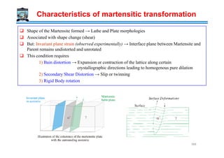 Shape of the Martensite formed → Lathe and Plate morphologies
Associated with shape change (shear)
But: Invariant plane strain (observed experimentally) → Interface plane between Martensite and
Parent remains undistorted and unrotated
This condition requires
1) Bain distortion → Expansion or contraction of the lattice along certain
crystallographic directions leading to homogenous pure dilation
2) Secondary Shear Distortion → Slip or twinning
3) Rigid Body rotation
Characteristics of martensitic transformation
3) Rigid Body rotation
388
 