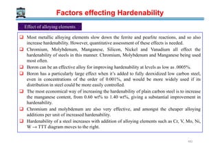 Factors effecting Hardenability
Effect of alloying elements
Most metallic alloying elements slow down the ferrite and pearlite reactions, and so also
increase hardenability. However, quantitative assessment of these effects is needed.
Chromium, Molybdenum, Manganese, Silicon, Nickel and Vanadium all effect the
hardenability of steels in this manner. Chromium, Molybdenum and Manganese being used
most often.
Boron can be an effective alloy for improving hardenability at levels as low as .0005%.
Boron has a particularly large effect when it’s added to fully deoxidized low carbon steel,
even in concentrations of the order of 0.001%, and would be more widely used if itseven in concentrations of the order of 0.001%, and would be more widely used if its
distribution in steel could be more easily controlled.
The most economical way of increasing the hardenability of plain carbon steel is to increase
the manganese content, from 0.60 wt% to 1.40 wt%, giving a substantial improvement in
hardenability.
Chromium and molybdenum are also very effective, and amongst the cheaper alloying
additions per unit of increased hardenability.
Hardenability of a steel increases with addition of alloying elements such as Cr, V, Mo, Ni,
W → TTT diagram moves to the right.
482
 