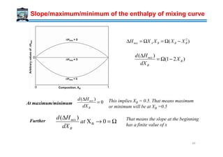 Slope/maximum/minimum of the enthalpy of mixing curve
)( 2
BBBAmix XXXXH −Ω=Ω=∆
)21(
)(
B
B
mix
X
dX
Hd
−Ω=
∆
At maximum/minimum 0
)(
=
∆
B
mix
dX
Hd
Ω=→
∆
0X
)(
Bat
dX
Hd
B
mixFurther
This implies XB = 0.5. That means maximum
or minimum will be at XB =0.5
That means the slope at the beginning
has a finite value of x
49
 